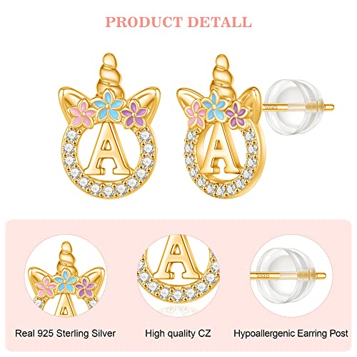 Unicorns Gifts for Girls Earrings,14k Gold/White Gold/Rose Gold Plated Sterling Silver Post CZ Unicorn Stud Earrings for Girls Initial Stud Unicorn Earrings for Little Girls Kids Jewelry Gifts
