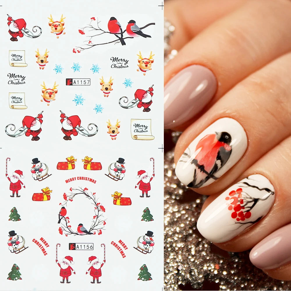 Christmas Nail Art Stickers Santa Deers Tree Snowman Cute Design Sliders Winter Nail Water Decals Manicure Tattoos GL A1165-1176