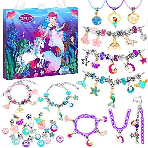 Charms Bracelets Jewelry Making Kit -121PCS Mermaids Unicorns Art and Crafts Christmas Gifts for Teen Girls Age 6-8 8-12, Colorful Multi-Type Beads Bracelets/Necklaces/Keychain Jewelry Set Supplies