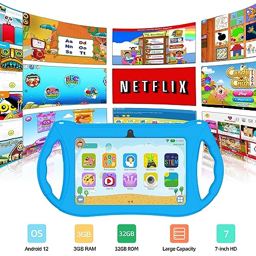 RliyOliy Kids Tablet, 7 inch Android 12 Tablet for Kids, 3GB RAM 32GB ROM Toddler Tablet with Bluetooth, WiFi, GMS, Parental Control, Dual Camera, Educational, Games(Blue)