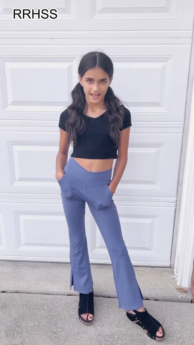 Teen Girls Bootcut Yoga Pants Kids Active Crossover Split Hem Flare Leggings with Pockets
