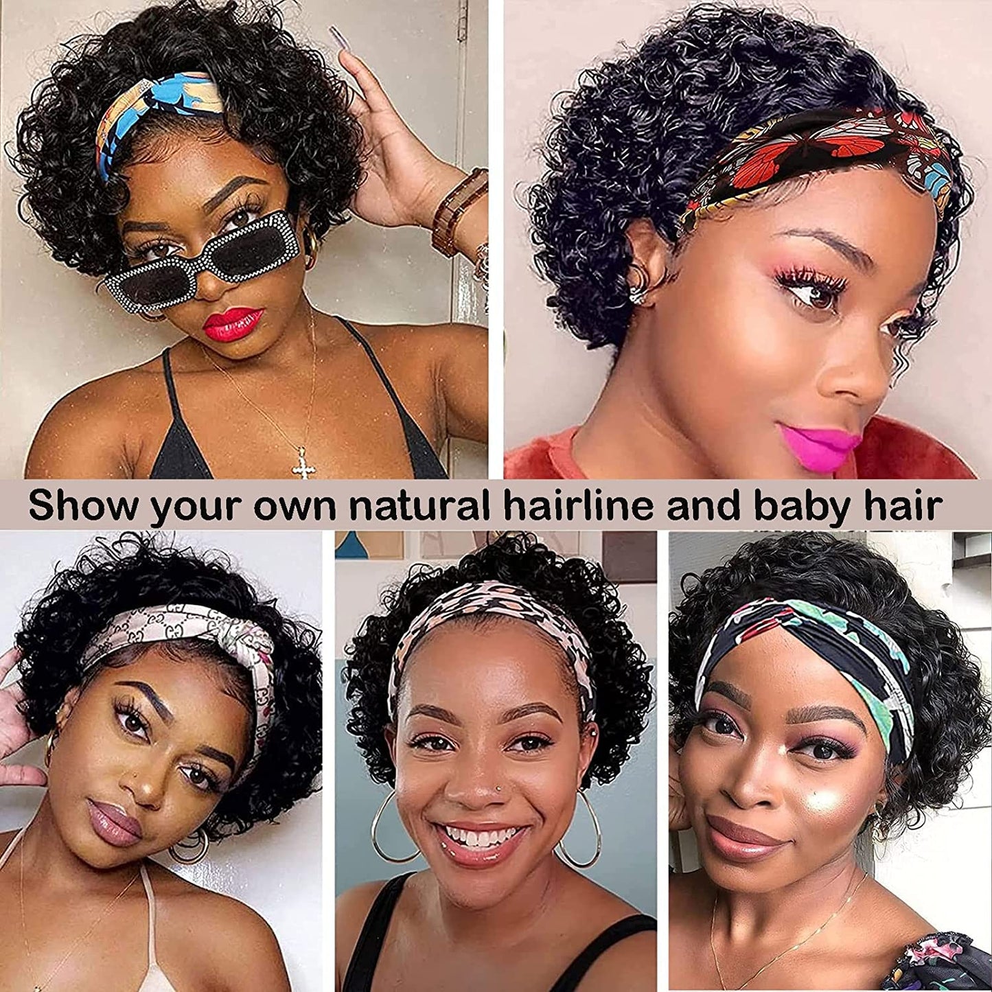 Short Curly Headband Wig Human Hair Wigs for Women Pixie Cut Kinky Curly Bob Glueless Half Wigs 150% Density Natural Black 6 Inch
