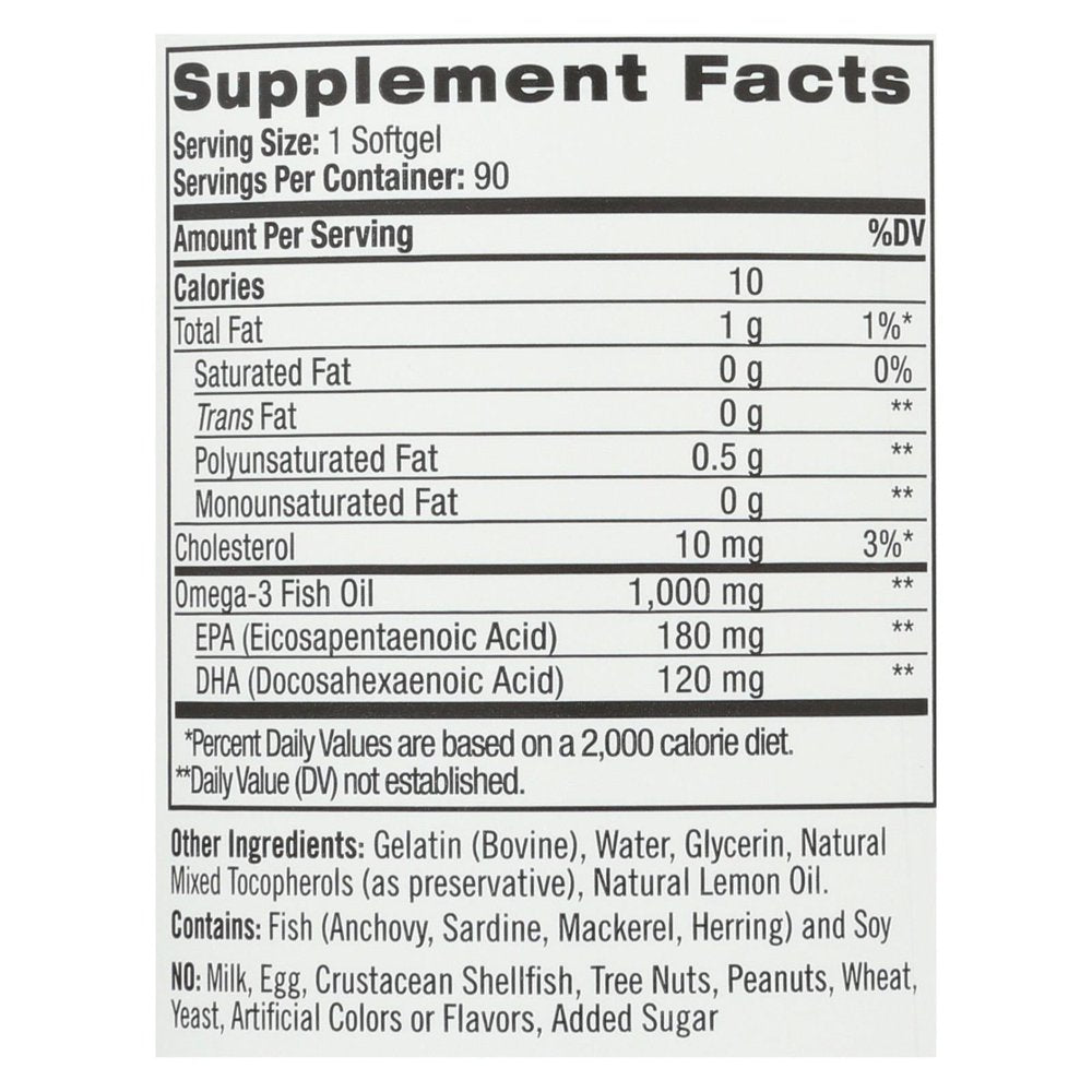 Omega-3 Fish Oil Softgels, Lemon, 1000 Mg, 90 Ct