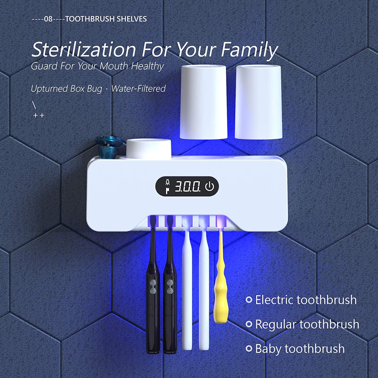 Toothbrush Holder Wall Mounted, 5 Toothbrush Holder, 3 Cups, Razor Holder, Organizer for Bathroom and Washroom