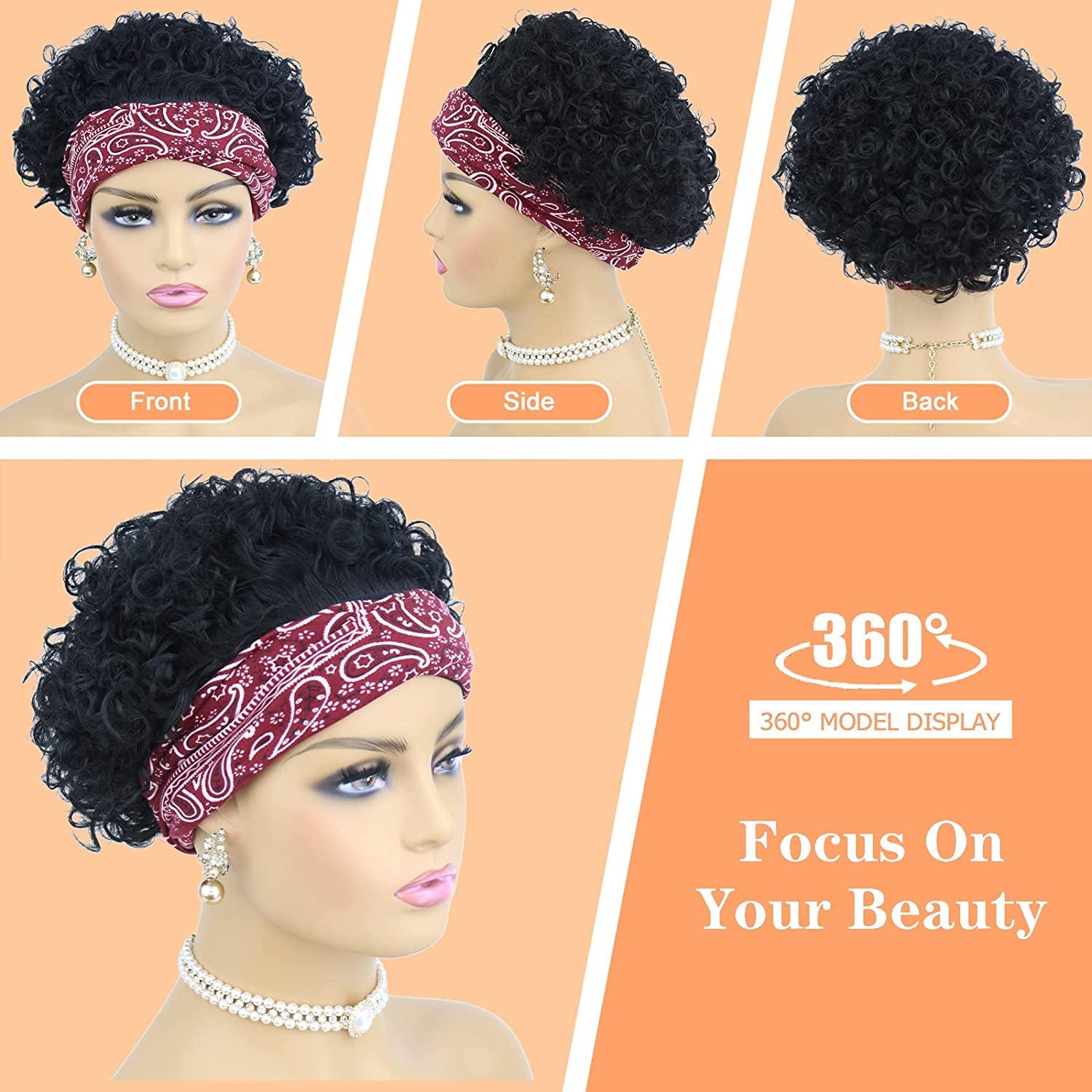 Short Curly Headband Wig Human Hair Wigs for Women Pixie Cut Kinky Curly Bob Glueless Half Wigs 150% Density Natural Black 6 Inch