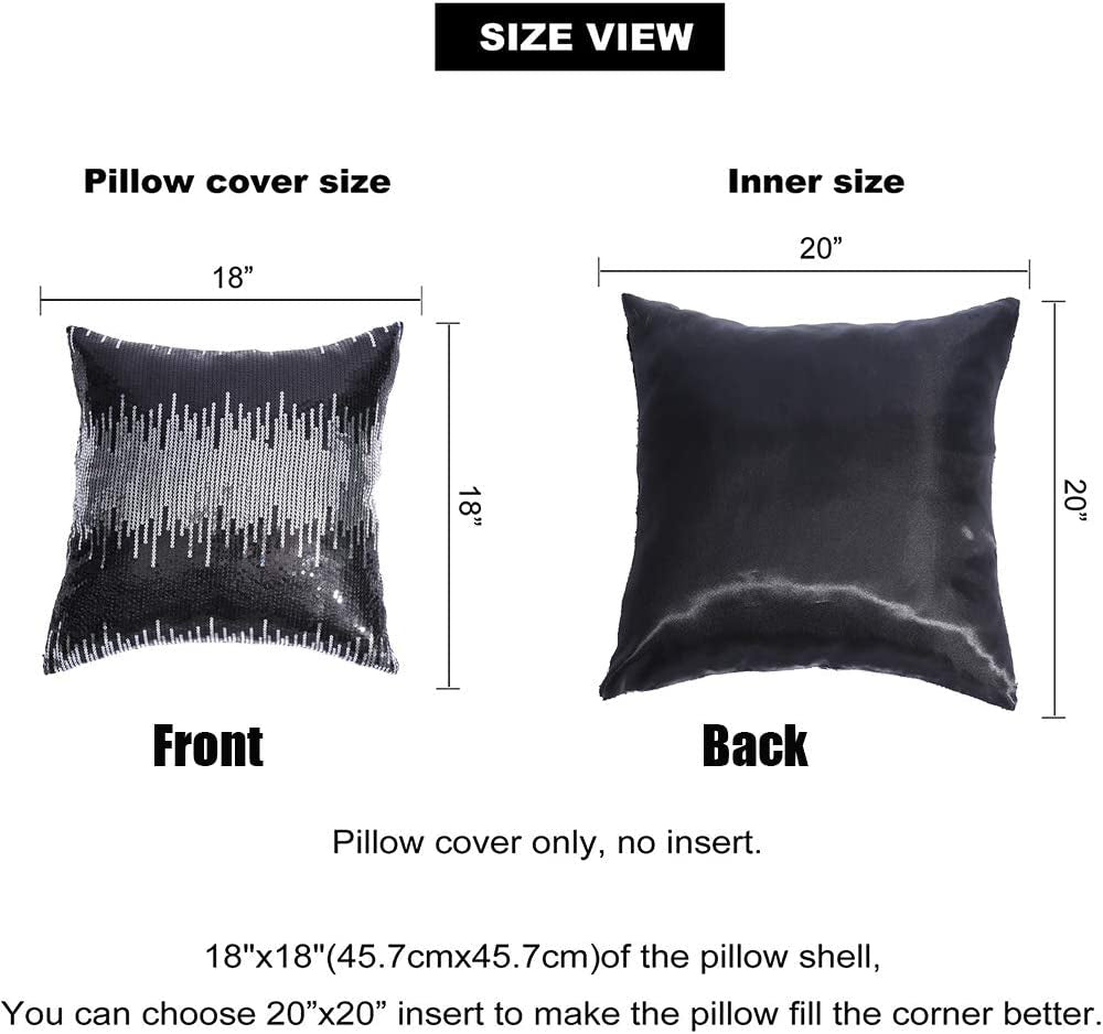 Sequin Pillow Case, Decorative Glitter Pillow Cover for Home Decor Throw Cushion Cover, 18X18 Inches, Black+Silver, Set of 2