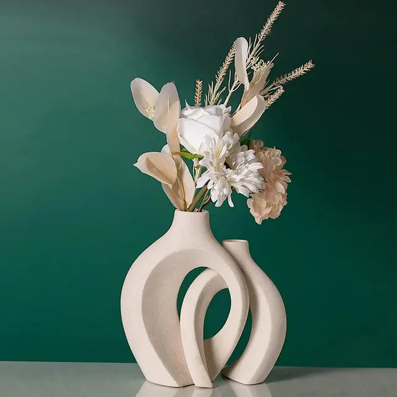 White Ceramic Vase Set of 2 for Modern Home Decor, Boho Donut Vases Nordic Minimalist Decorative Vase